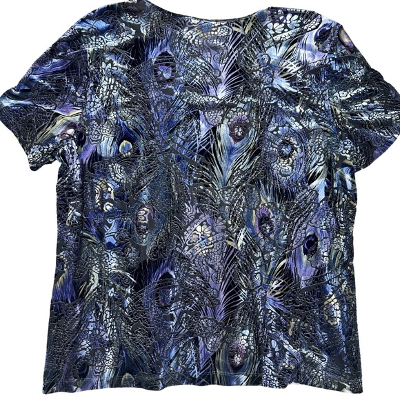 VTG Velvet Burnout Peacock Feather Print Stretch Top XL - Picture 2 of 13